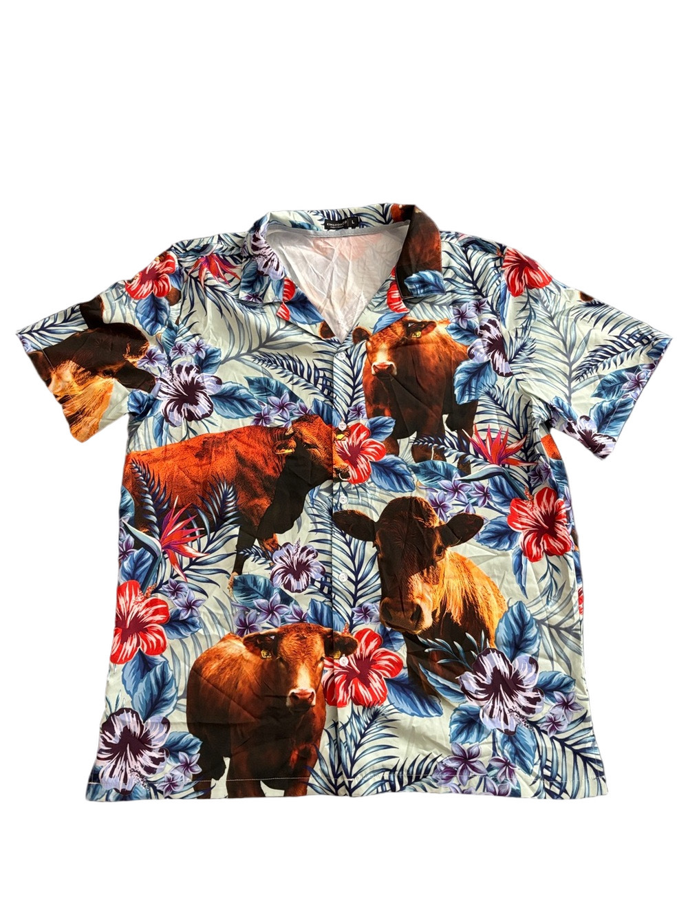 Kingdom09 Cow Hawaiian Button Up Shirt Tropical Novelty Print Men’s L